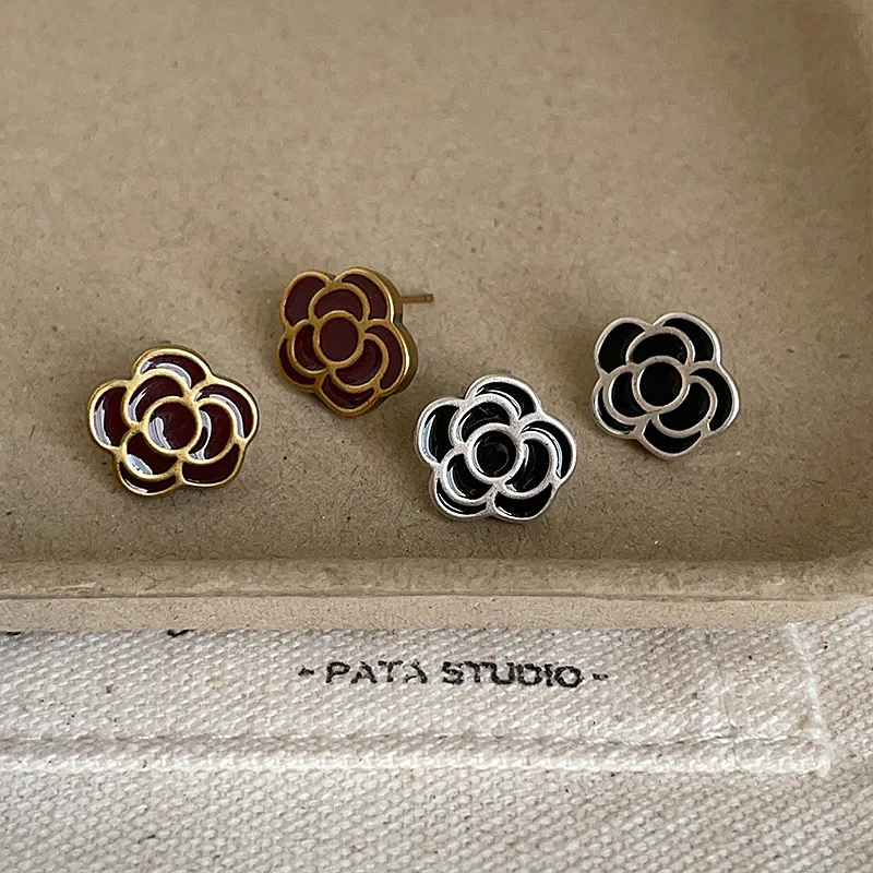 

Minar New Sweet Black Red Color Enamel Camellia Flower Stud Earrings for Women 14K Real Gold Silver Plated Copper Party Jewelry