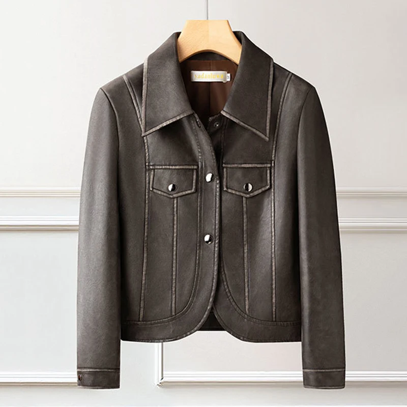 Vestes courtes marron en cuir PU pour femmes, manteaux noirs avec col rabattu et poches, printemps-automne 2025