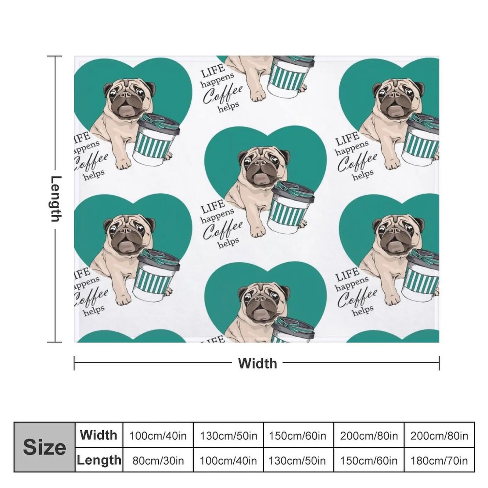 sweet pug: Life happens, Coffee helps Throw Blanket Shaggy Flannel Fabric Blankets