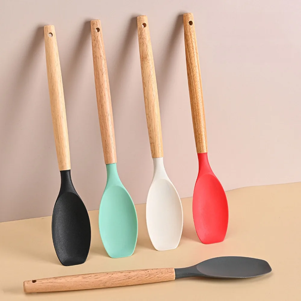 Wooden Handle Silicone Spatula, Food Grade Heat Resistant Silicone Cooking Spoon, Non-Stick Pan Safe Kitchen Utensil for Baking Stirring Frying