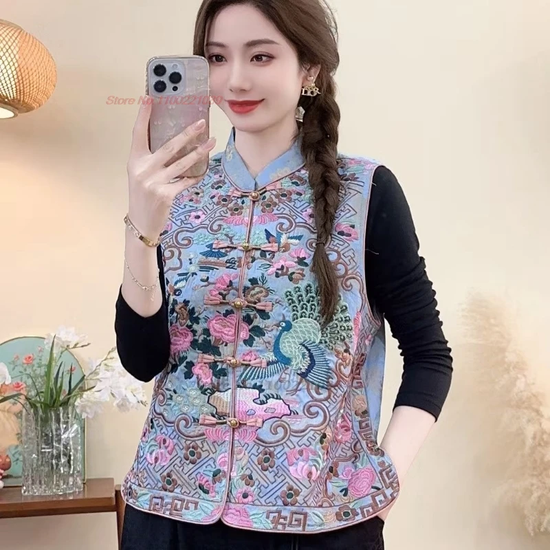 

2025 chinese vintage vest hanfu tops flower embroidery satin jacquard folk vest retro stand collar ethnic vest sleeveless jacket