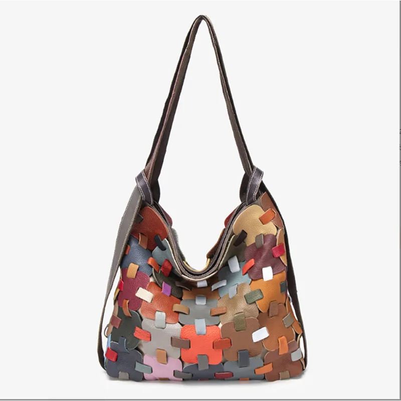 

Fashionable patchwork flower cowhide colorful woven women's bag luxury handbag shoulder bag