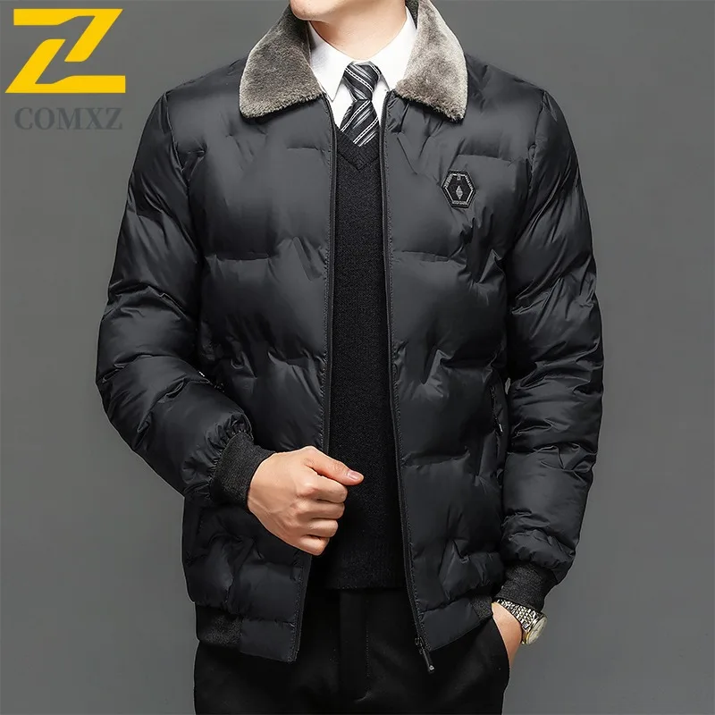 

COMXZ 2025 Winter 3D Coat Middle Aged Men Short Fur Collar Father Warm Cotton Jacket