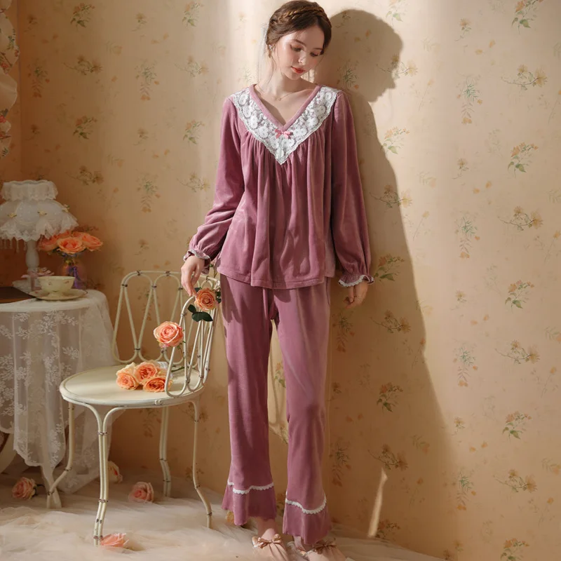 

Autumn Winter Loose Velour Loungewear Velvet Tops Pants Two Piece Sets Princess Sleepwear Nightwear Fairy Women Lace Pajamas