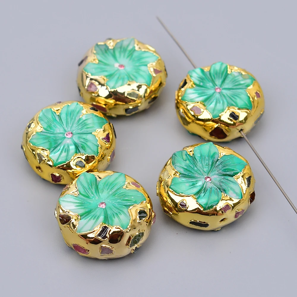 APDGG 5 Pcs 26mm Natural Green Shell Flower Mix Color Tourmaline Gold Plated Spacer Loose Beads For Jewelry Making DIY