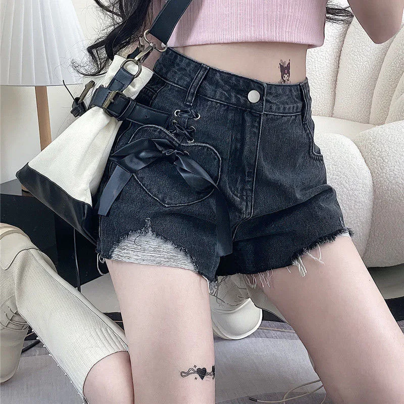 

Biyaby Bow Bandage Shorts Woman Vintage Hole Dark Grey Denim Wide Leg Pants Women 2024 Summer Streetwear High Waist Baggy Shorts