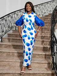 Elegancka damska sukienka wieczorowa Plus Size Blue Polka Dot Puff Sleeve Mesh Patchwork Bodycon Formal Celebrate Birthday Gown New