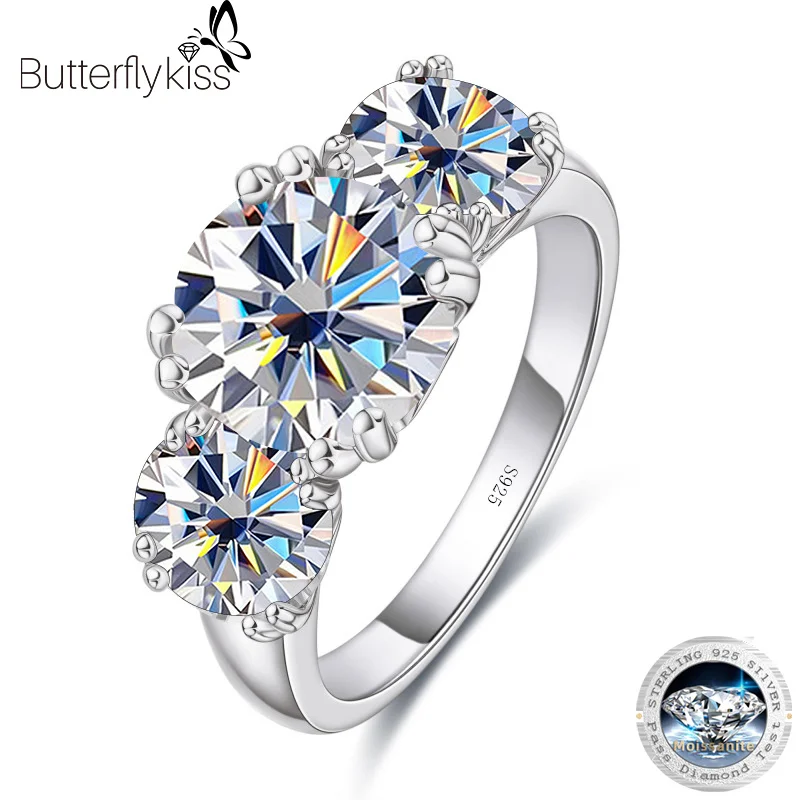 

Butterflykiss 18k Plated 5.0 CT All Moissanite Rings For Women 3 Stones Sparkling Diamond Wedding Band S925 Sterling Jewelry GRA