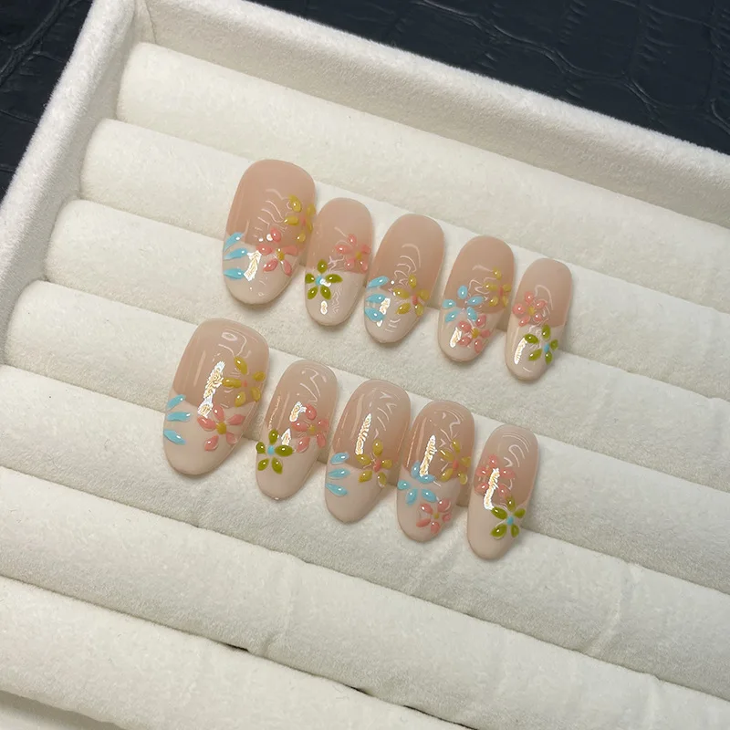 10Pcs Cute French Handmade Press on Nails Full Cover 3D Colorful Flower Design Oval False Nails Wearable Manicure Nail Tips Art