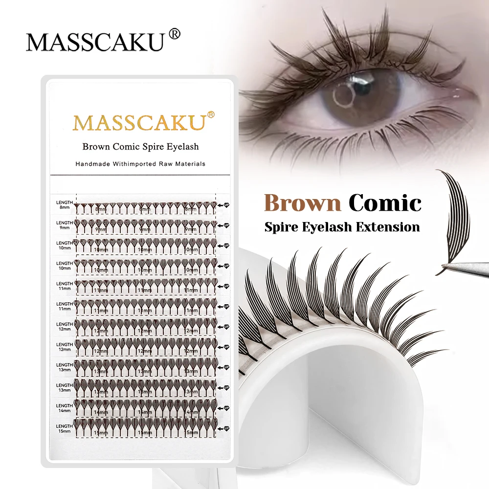 

Customized Private Label Feather Shaped Comic Spire Lashes Mix Length 0.05mm Thickness Brown Manga Lash Extensions from MASSCAKU