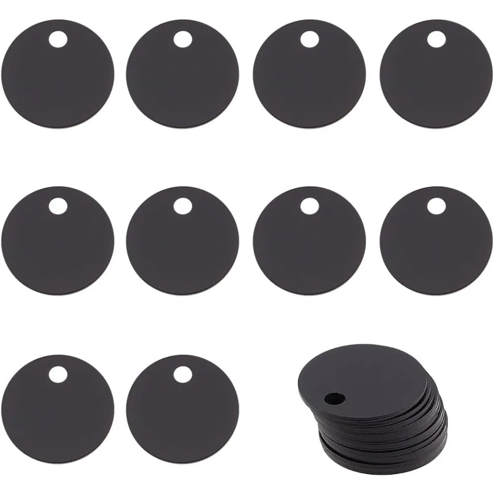 30Pcs Black Flat Round Stamping Blank Tags 0.8 Inch Aluminum Tags with Hole for Laser Engraving Dog ID Tags Necklace making kit