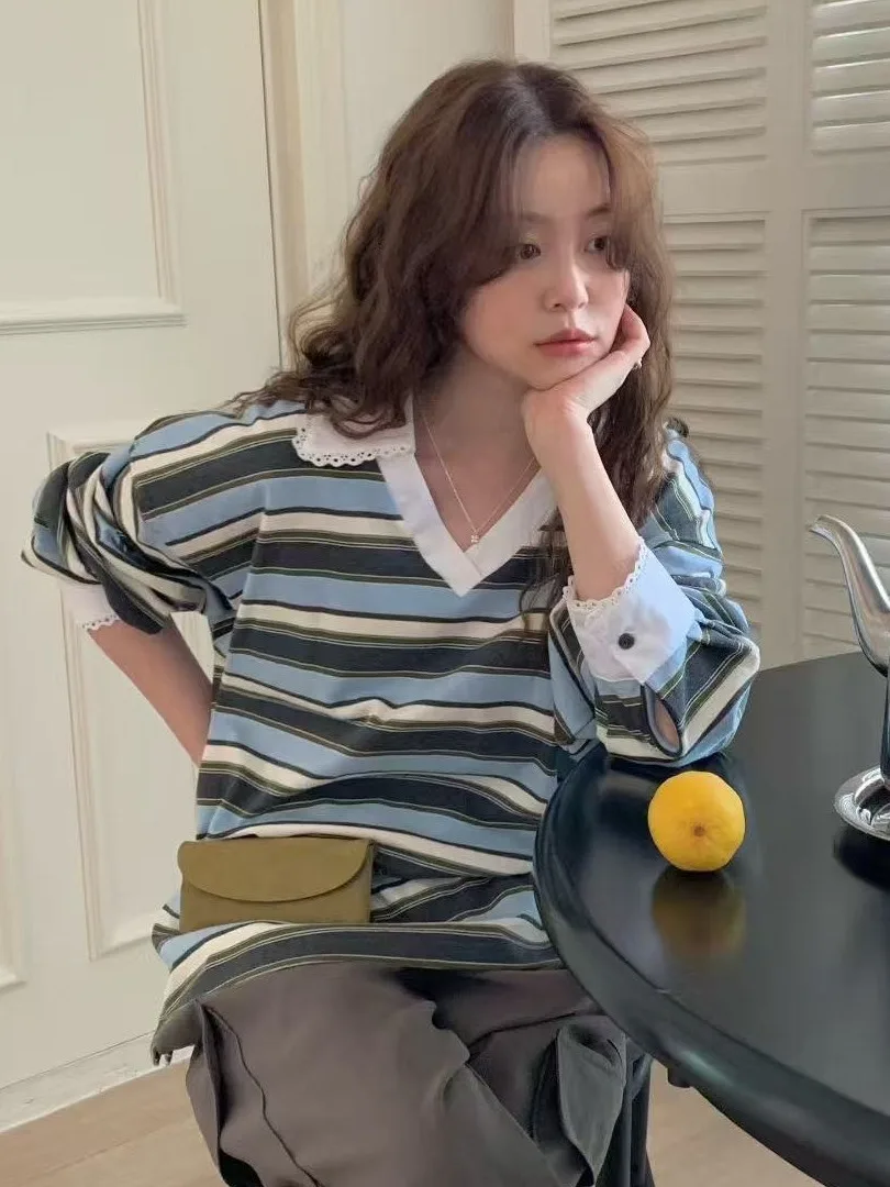 

Chic V-ne Lace Trim Loose Long Sve Striped T-irt Women's Top Sweet Youthful Sle Casual Comfortable Spring Autumn