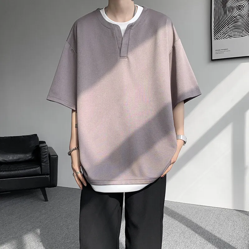 Summer Fashion Fake Two T-shirts Men Lightweight Loose Short Sleeve Casual Pull On Tees Male Solid Streetwear Hip Hop Tops Man