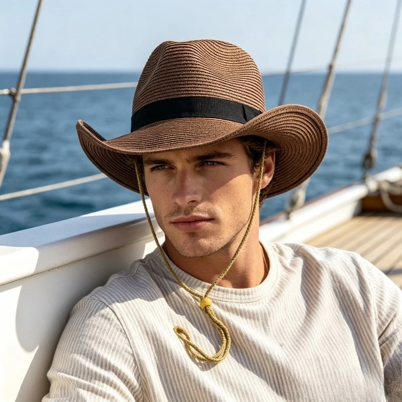 Summer Men's Straw Hat with Wide Edge Sun Protection Hat Suitable for Seaside Vacations Camping and Leisure Outings