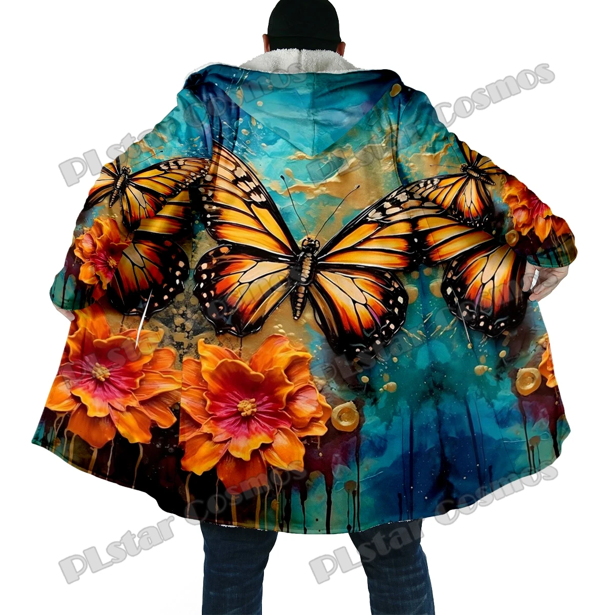 Borboleta e flores masculinas estampadas de lã grossa com capuz, casaco de capa quente casual unissex, 3D todo, moda inverno, DP42