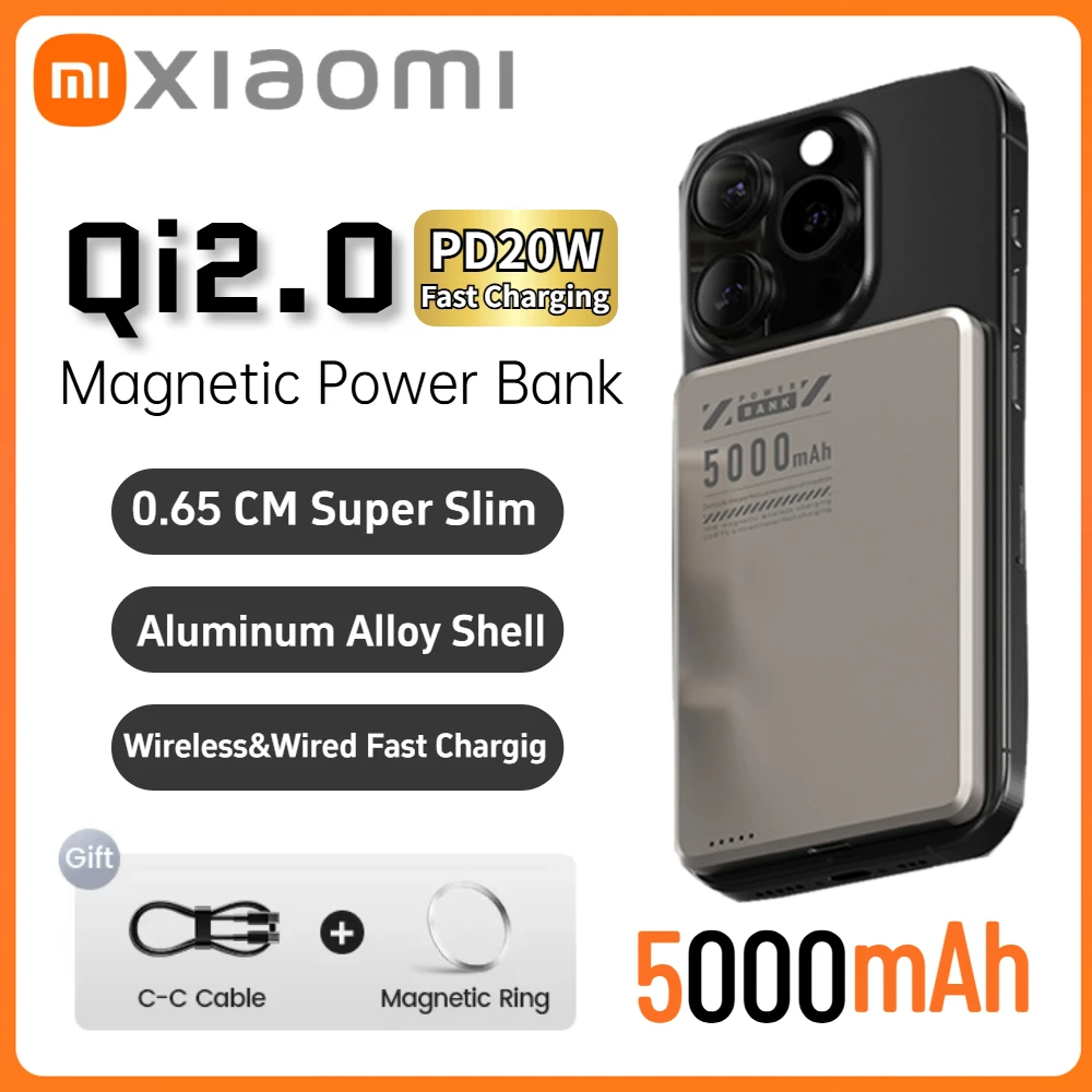 Xiaomi Super Slim Magnetic Power Bank 5000mAh Alloy Shell Battery Qi2 Fast Charging PowerBank Dla iPhone 16 15 Samsung 2025 Nowość