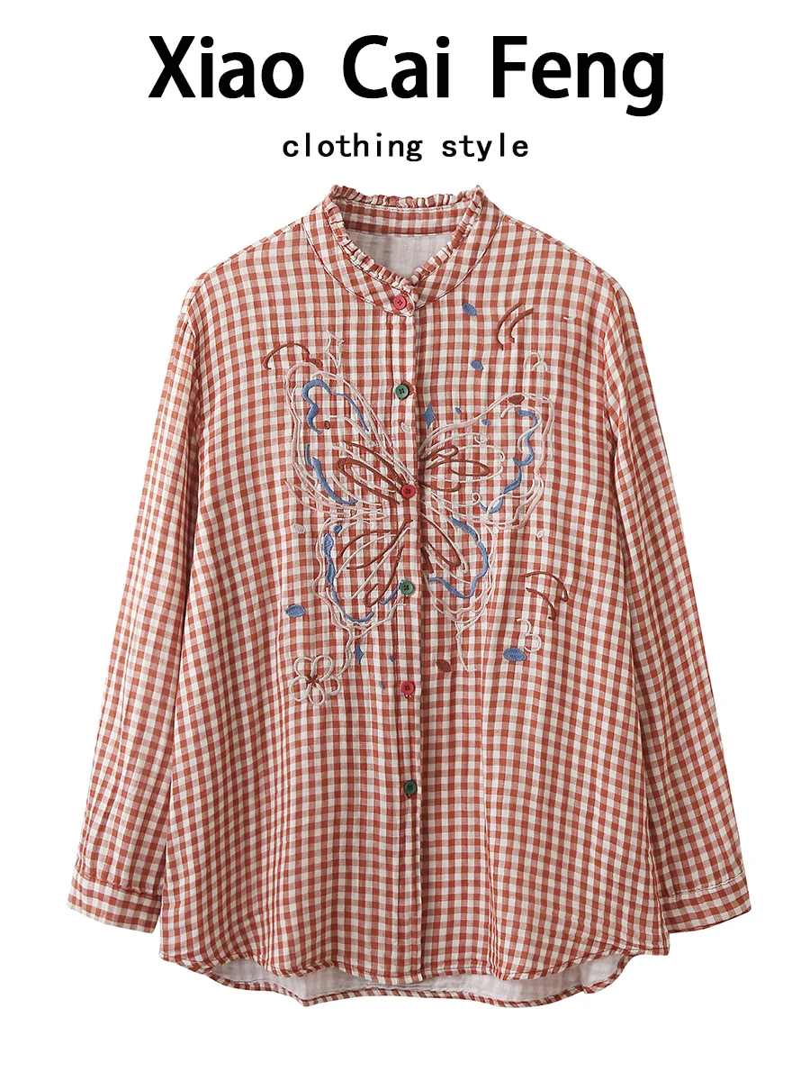 

Korean Style Embroidery Plaid Stand Collar Loose Long Sleeve Women's Shirt Autumn Versatile Layering Button up Top