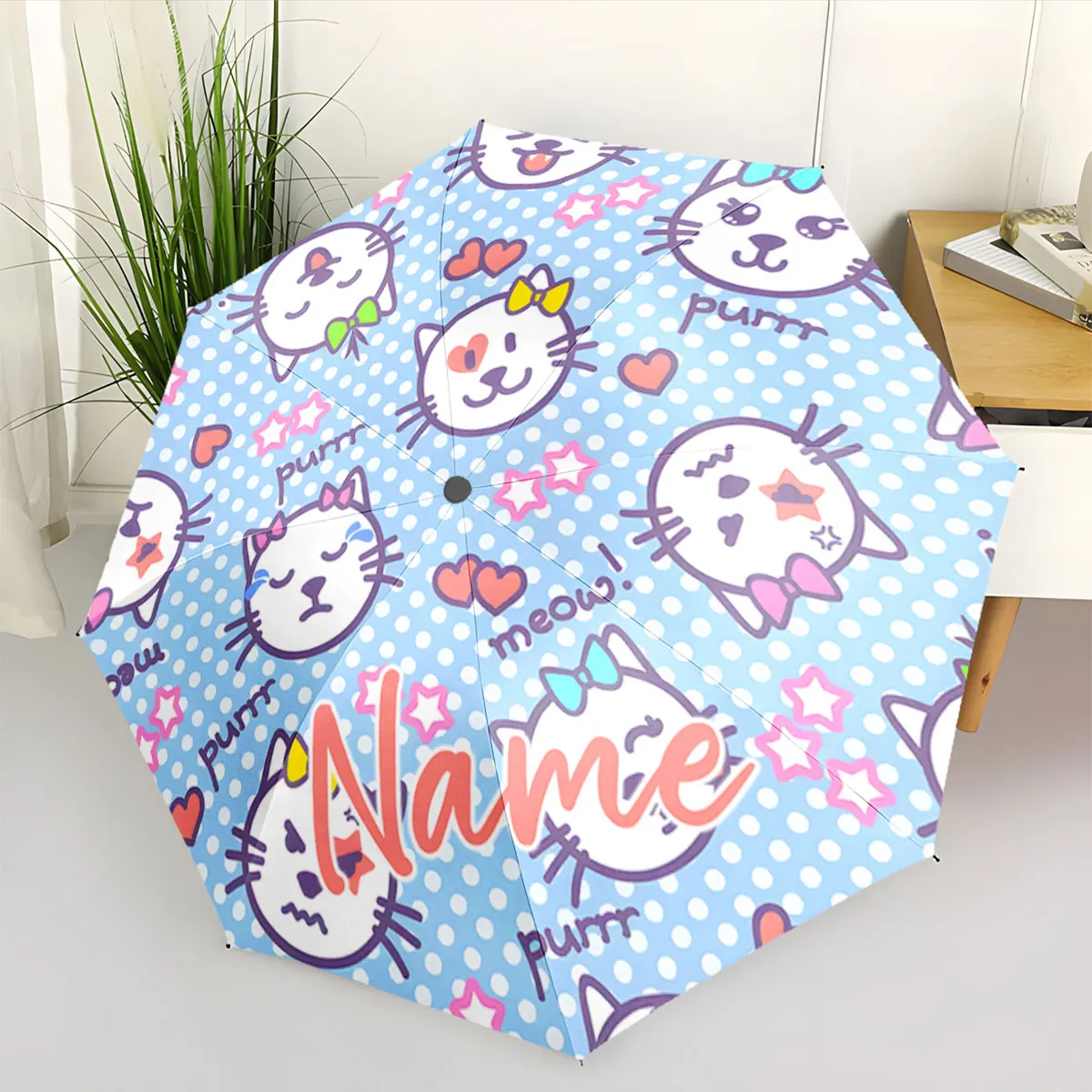 Custom Name Playful Cat-Themed Umbrella with Heart Star Motifs Print 8 Iron Ribs Folding Umbrella Auto-Open Fashion Sunshade