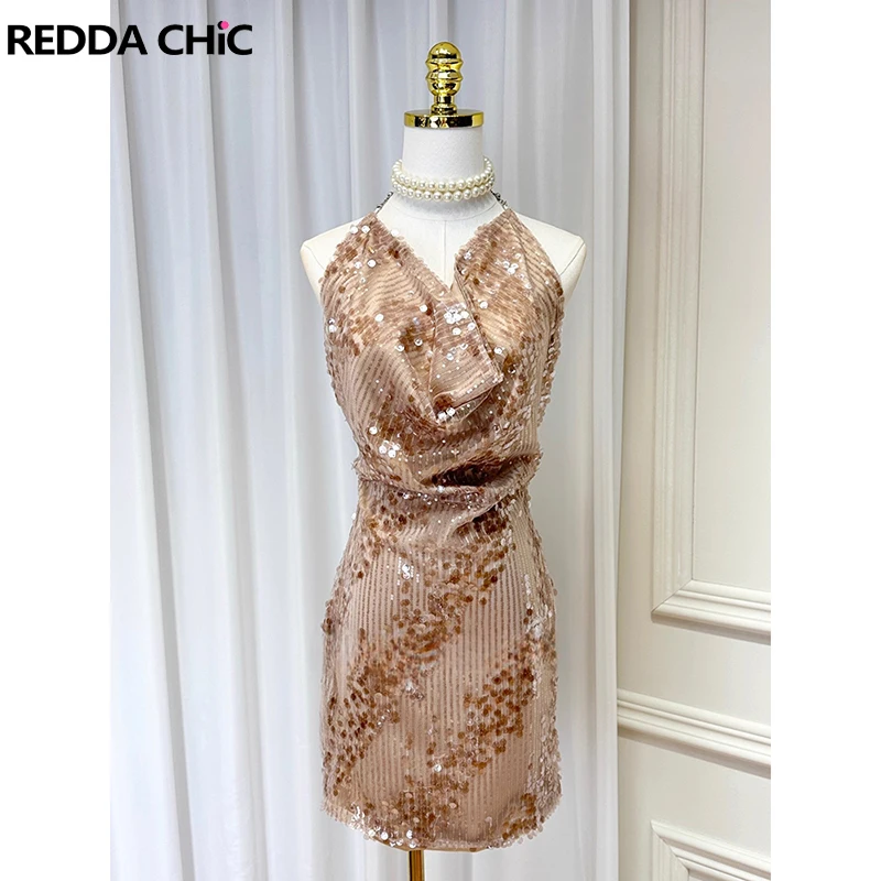 REDDACHiC الماس سلسلة الرسن فستان الحفلات المرأة بريق الترتر القلنسوة الرقبة فستان Bodycon صغير العودة للوطن عيد ميلاد مثير الملابس
