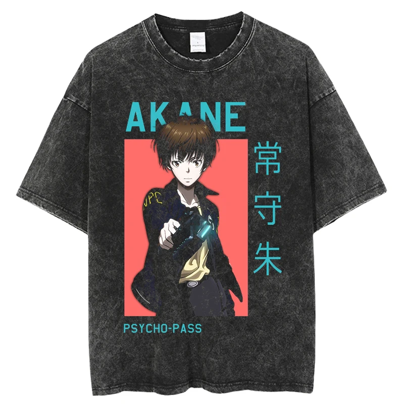 New Psycho Pass Mens Black Vintage Tshirt Anime Graphic Print Washed TShirt Hip Hop Streetwear Summer Short Sleeve Harajuku