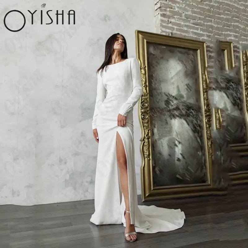 OYISHA colher mangas compridas vestidos de casamento requintado cetim sereia backless simples vestidos de noiva charmoso sexy vestido de mariagesOYISHA Scoop mangas compridas Vestidos de casamento Exquisite Satin Serei