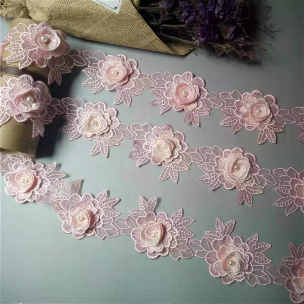 

2 Yard Soluble Pink Rose Flower Pearl Chiffon Embroidered Lace Trim Ribbon Fabric Handmade Vintage Wedding Dress Sewing Craft