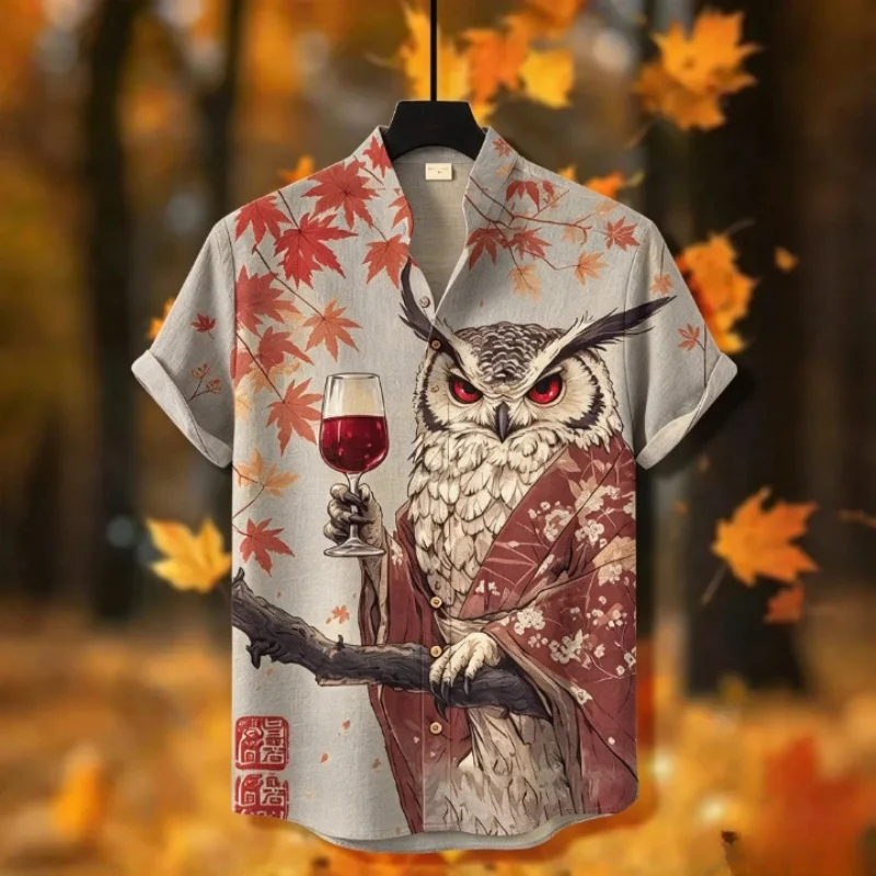 Plus Size Men Ukiyo-E Style Owl Maple Print Shirt Casual Stand Collar Short Sleeve Summer Button Down Harajuku Tunics Male