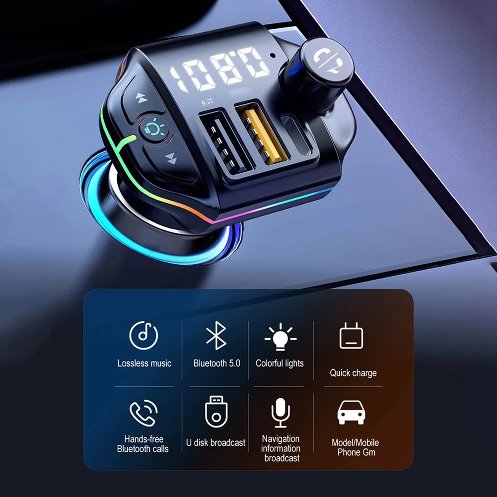 A10 Car Bluetooth 5.0 FM Transmitter Dual USB Charger MP3 Player Adapter Handsfree Radio Modulator with Colorful