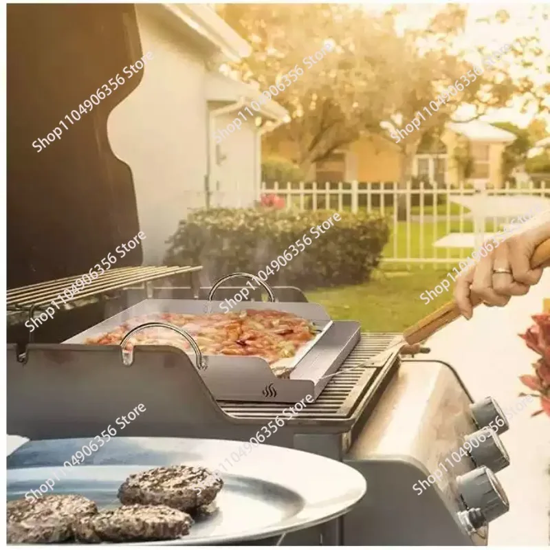 Stainless Steel Griddle Plate with Grease Groove & Handle, Fits Gas and Charcoal Grills