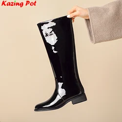 Krazing Pot Plus Size 33-46 Round Toe Cow Leather Med Heels Riding Long Boots Dating Casual Brand Winter Women Knee-high Boots