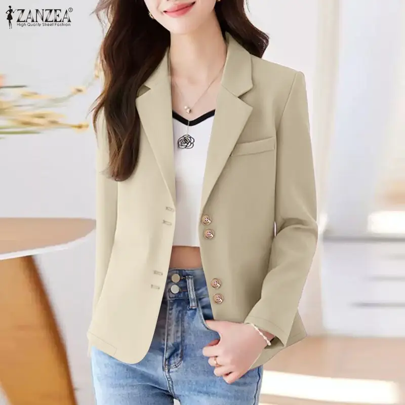 

ZANZEA Women's Casual Lightweight Blazer Notched Lapel Long Sleeve Button Up Office Suit Jackets Solid Color Outerwear 3 Colors