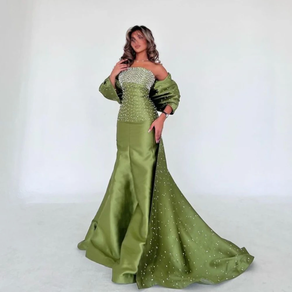 

Customized Green Strapless Beading Big Bow Satin Evening Dresses Pleat A-line Watteau Train Floor Length Pageant Party Prom Gown