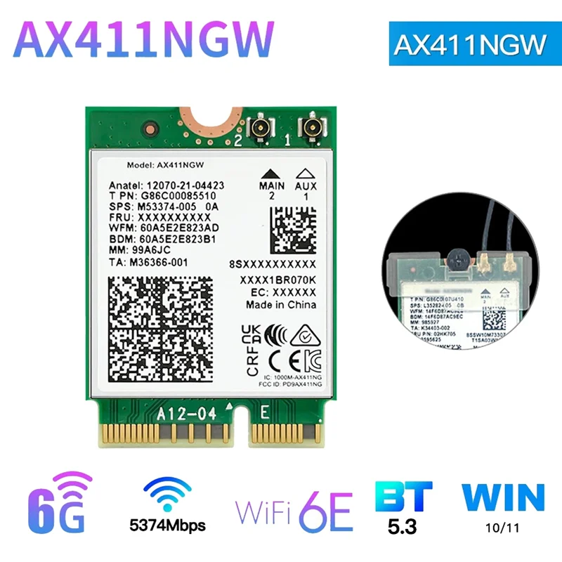 For Intel AX411 WiFi Card WiFi 6E CNVio2 Bluetooth 5.3 Tri-Band 5374Mbps Network Adapter for Laptop/PC Win10/11-64Bit