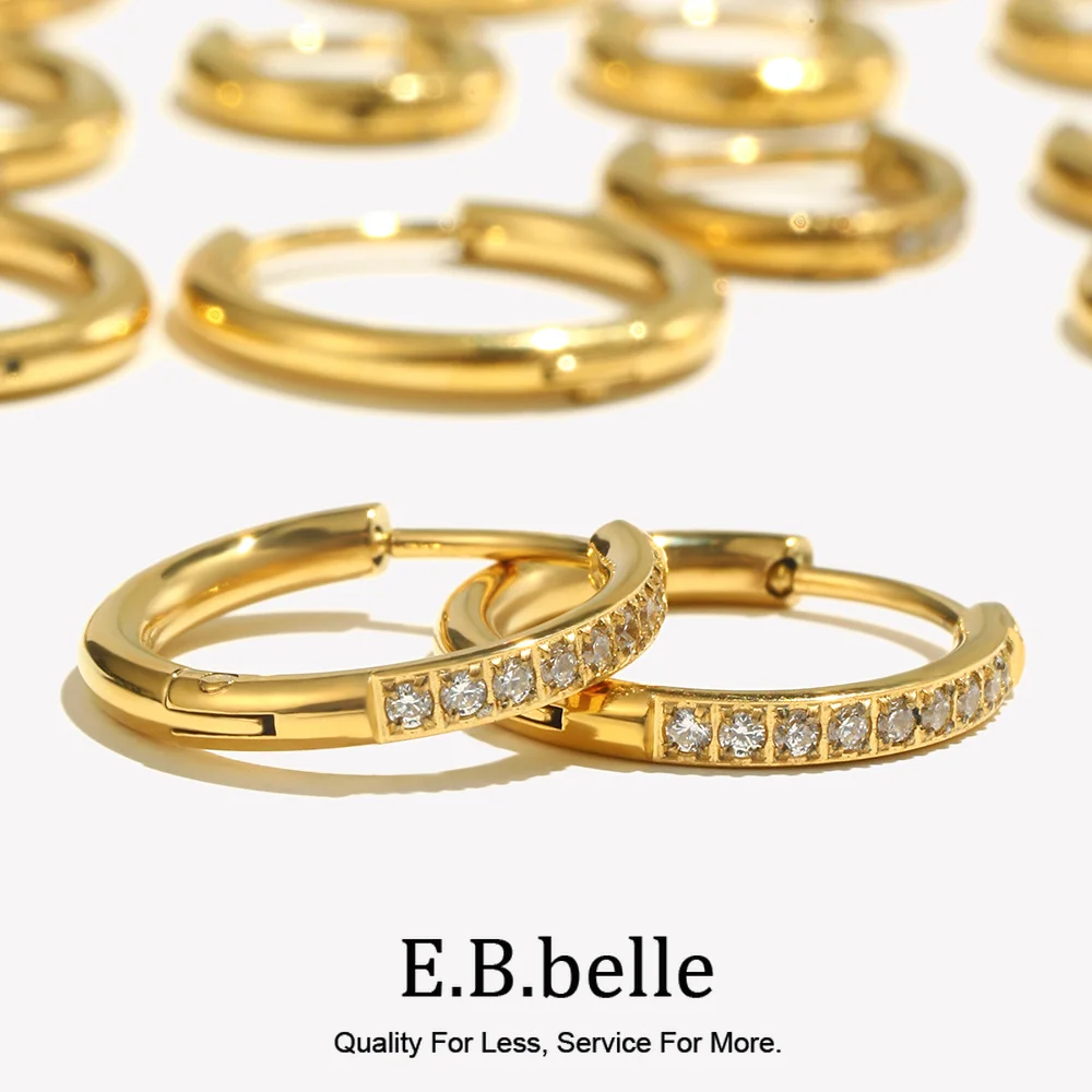 E.B.belle Basic Clear Gemstone Crystal Paved Huggie Hoop Earring Wodoodporny okrągły pozłacany kolczyk damski ze stali nierdzewnej