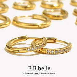 E.B.belle Basic Clear Gemstone Crystal Paved Huggie Hoop Earring Waterproof Stainless Steel Round Gold Plated Woman Earring
