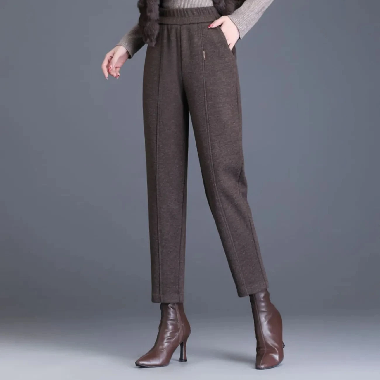 Womens Vintage Woolen Thicken Ankle Length Harem Pants 2023 Autumn Winter Fashion Casual Pockets Loose Trousers Solid Pantalones