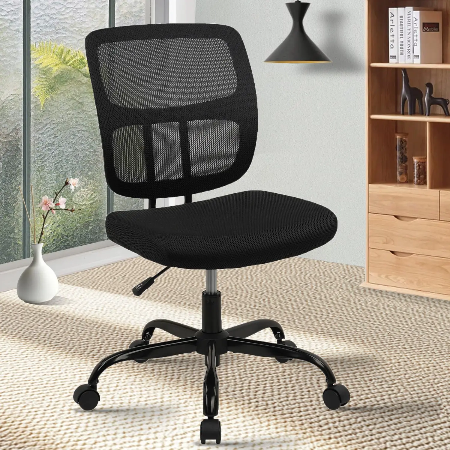 

Home Office Chair No Arms with Wheels, Adjustable Height Small Desk Chair, Ergonomic Mesh Rolling Work Swivel Chairs, 360 Swivel