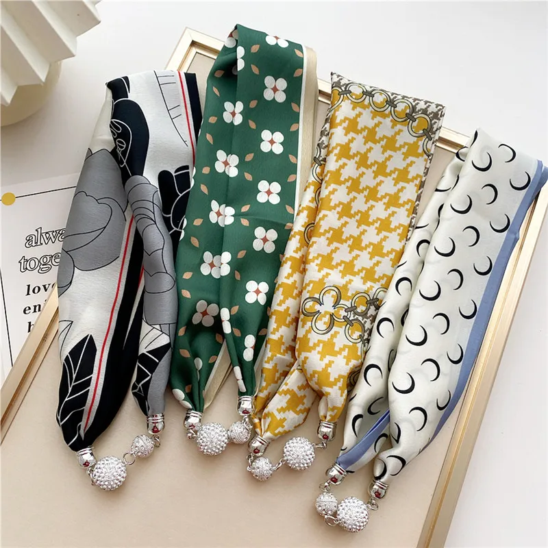 Fashion Print Scarf Necklace Scarves Women Ring Neckerchief Magnetic Buckle Ribbon Neck Clavicle Choker Headband Decoration