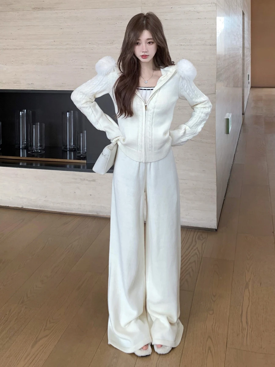 

Sexy Spicy Girl Versatile Knitted Cardigan with Fur Collar Casual Straight Leg Wide Pants Long Sve Zipper Closure Two Piec...