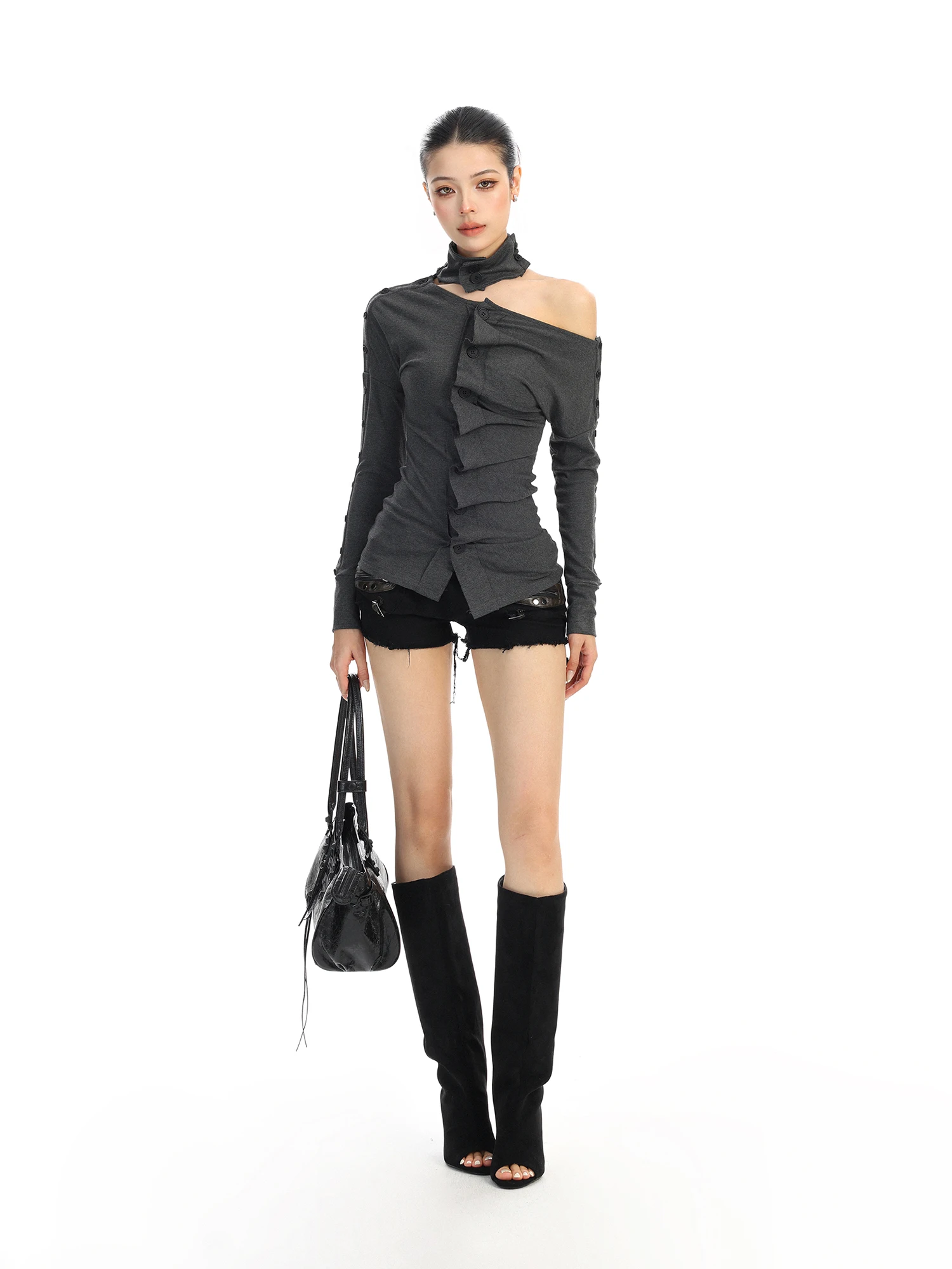 

Korean Style Long Sleeve Slim Fit T-Shirt Women's Spring Season Button Detail One Shoulder Top Soft Comfortable Fabric Pure C...