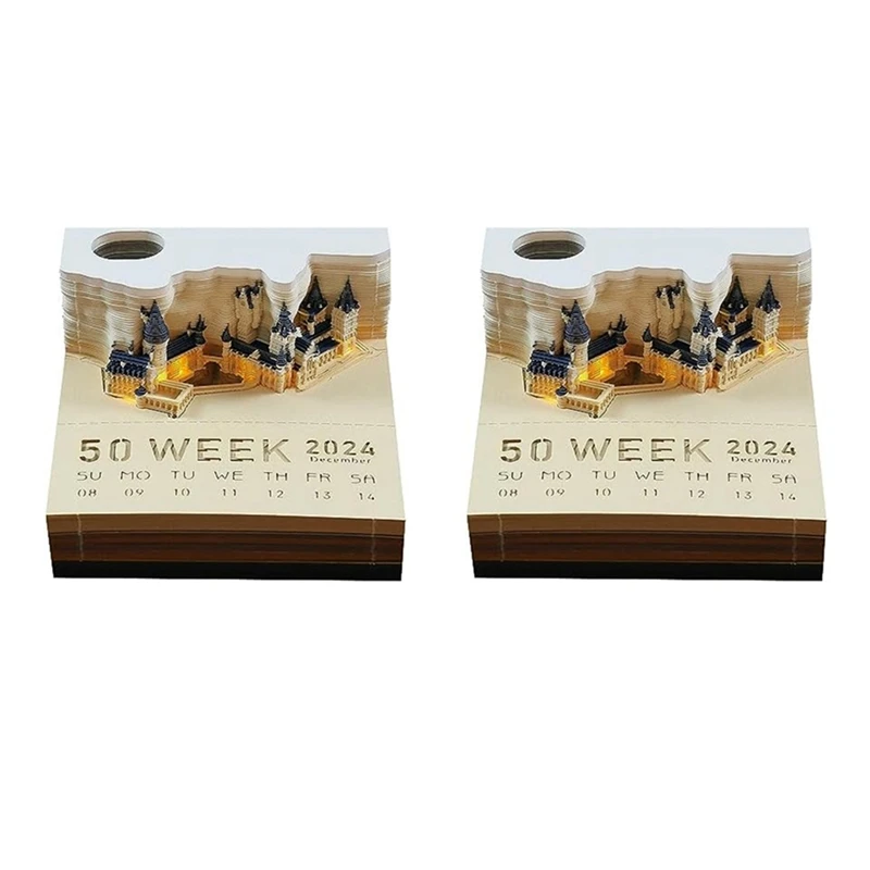 2024 blok Notepad Square Castle LED 3D catatan tempel buku tempel dengan kalender 2 buah
