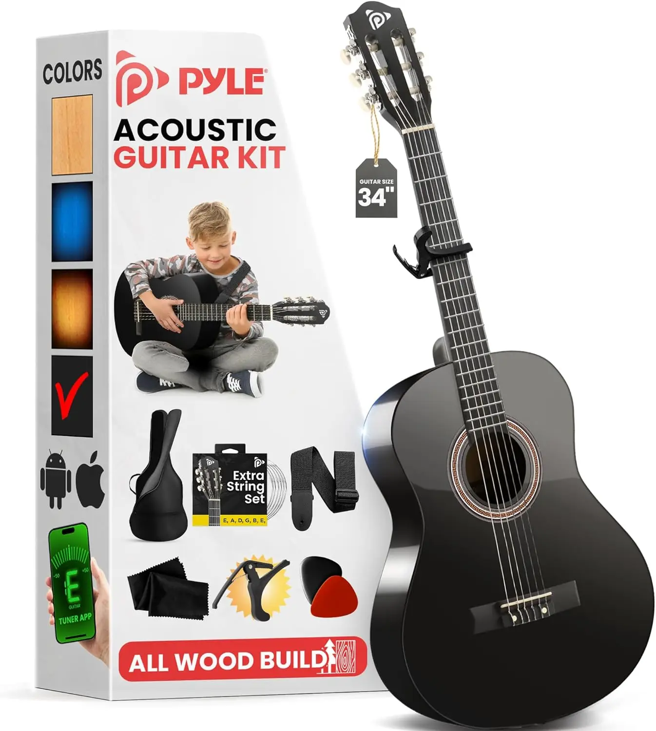 34.5" All Wood Classical Guitar Starter Kit with Capo, Gig Bag, Strings, Strap, Picks in Black Gloss Finish