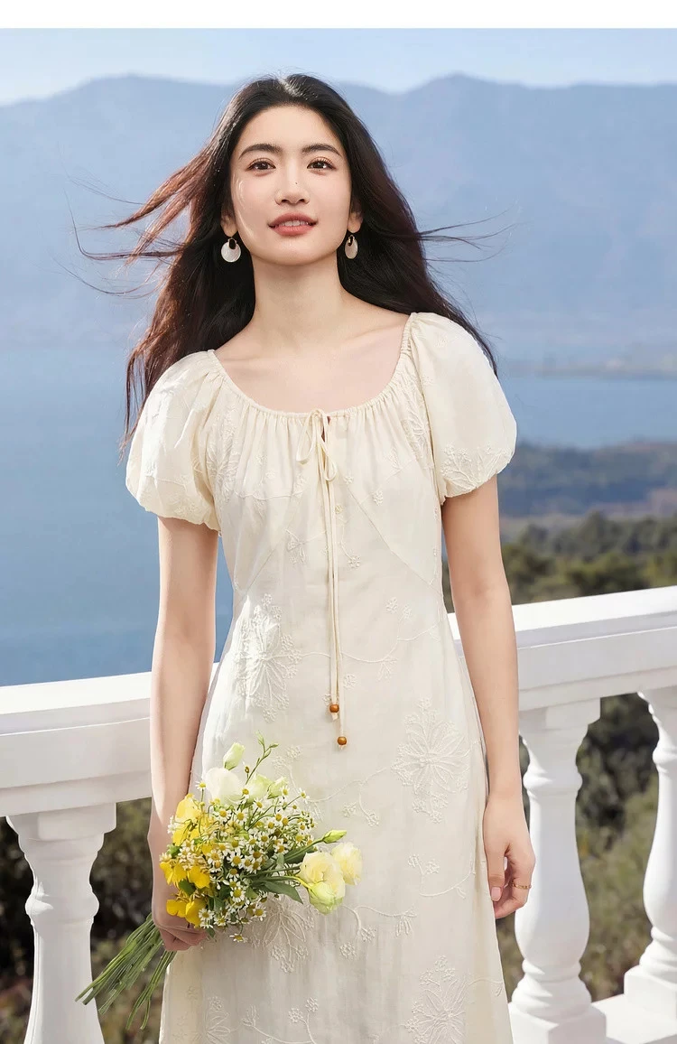 SENTUBILA Damen Lyocell-Kleider 2026 Sommer Elegantes Resort-Style A-Linien-Midikleid mit Wendehals und Stickerei für den Strand 162LO5639 – Detail 22