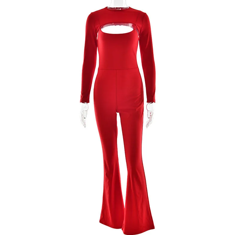 Apprabant Vrouwen Sexy Solid Jumpsuits Tweedelige Set Sexy Ronde Hals Lange Mouwen Kiel Backless Strakke Fit Hemdje jumpsuit