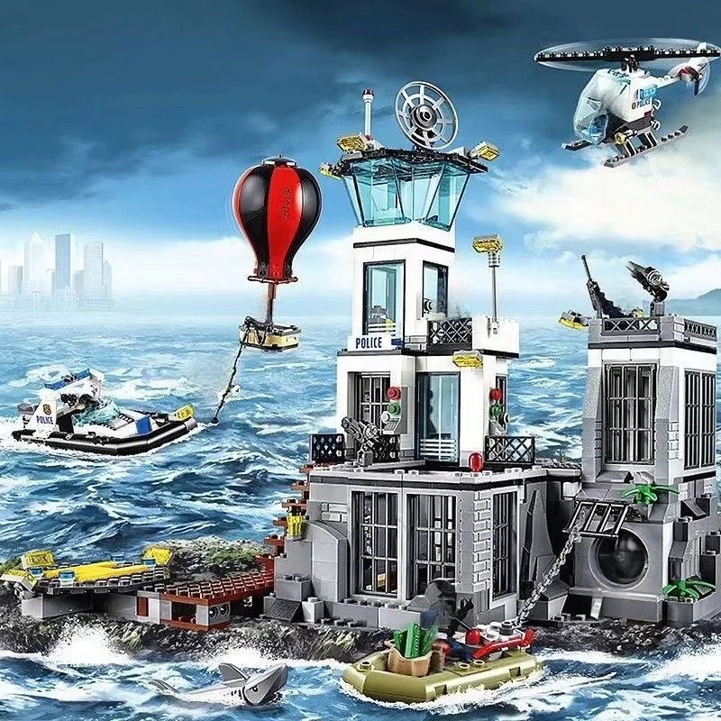 Nuevo Producto, juguete de la Isla de la Prisión de la policía, conjunto de la serie de la ciudad, helicóptero, barco, bote, tiburón, ladrillo, juguete, regalo de vacaciones para niños