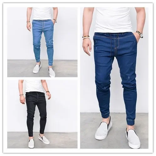 

Men Jeans Denim Sheath Pencil Pants Drawstring Print Solid Pockets Slim Ankle Length Pant Slight Strech High Street 2024