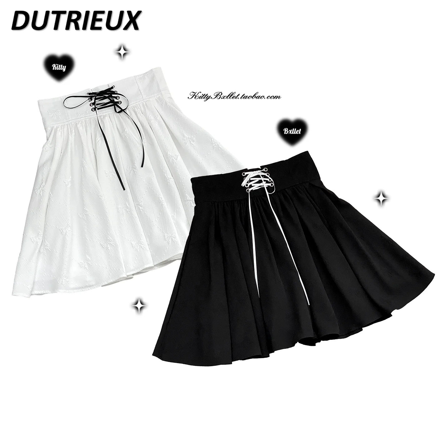 

2023 Summer Preppy Style Mine Series Mass-Produced Short Black Skirt Women Elegant Bow Lace-up High Waist Jacquard Pleated Skirt