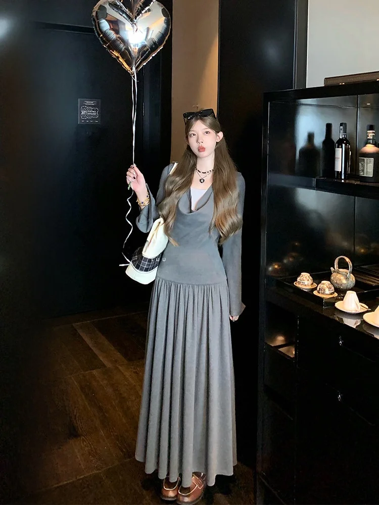 

Luu Long Sve Knitted Dr Women's Spring Autumn Waist Cinched Design A-Line Dr Moisture ng Comfortable Korean Sle