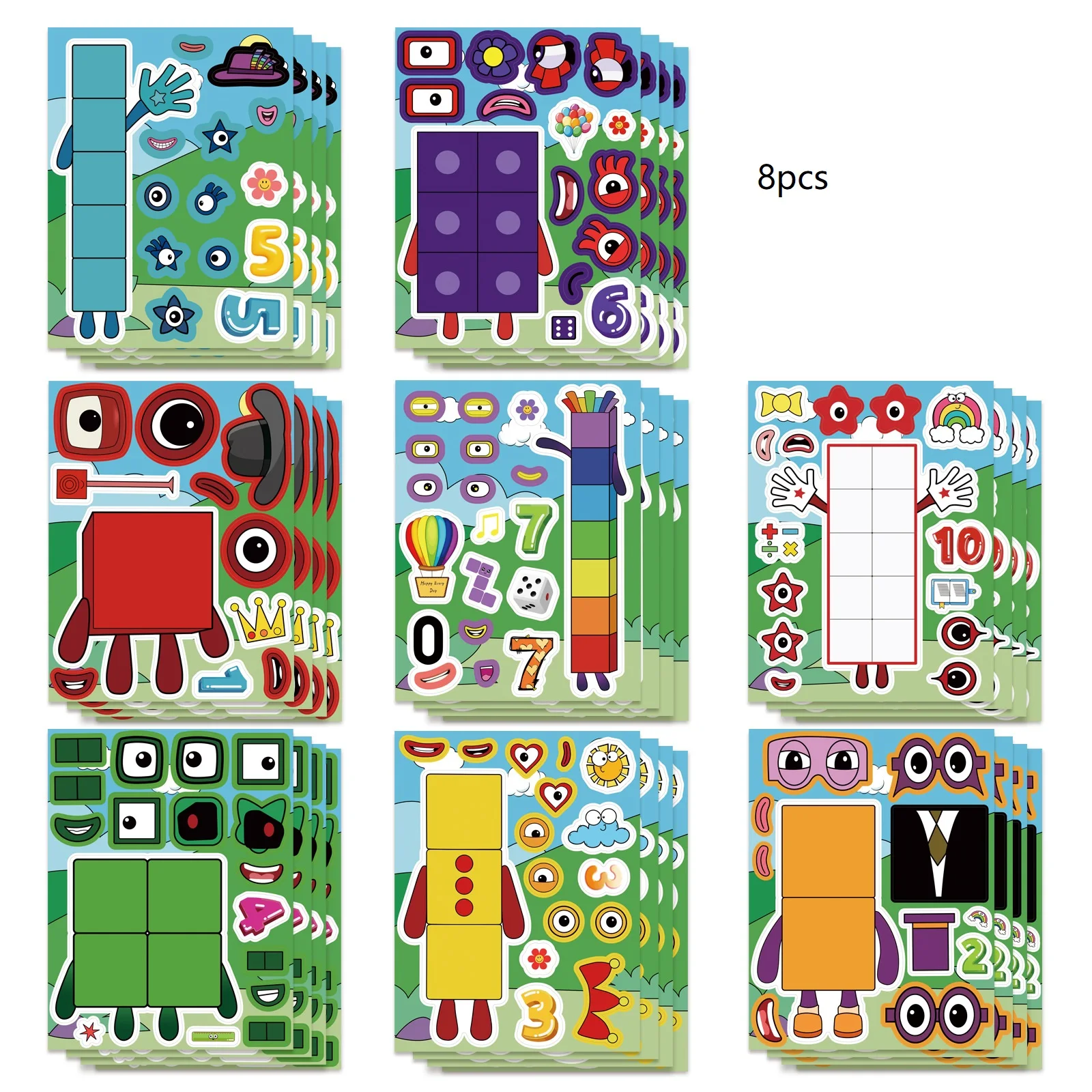 8 Sheets Cute Digital Blocks Stickers for Cartoon Make a Face Laptop Notebook Stationery Stickers