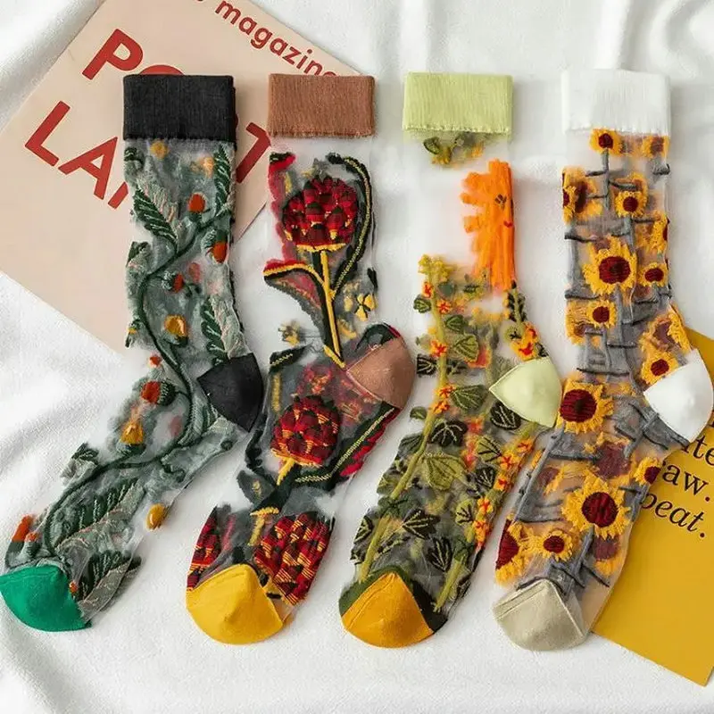 2 Pairs Summer Trendy Socks Women's Thin Small Fresh Versatile Glass Silk Crystal Socks 2024 New French Style Pearl Cassia Socks